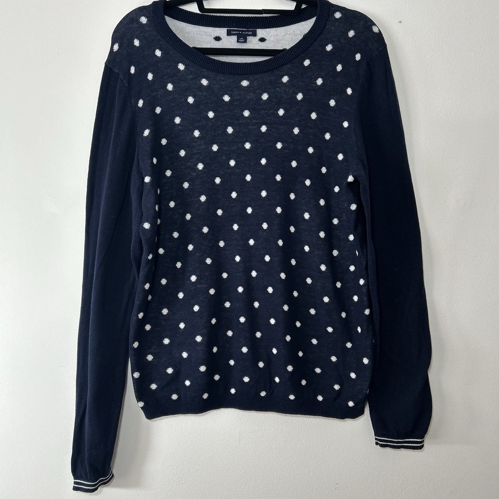 Tommy Hilfiger Large Women's Navy Long Sleeve Crew‎ Neck Polk Dot Cotton Sweater